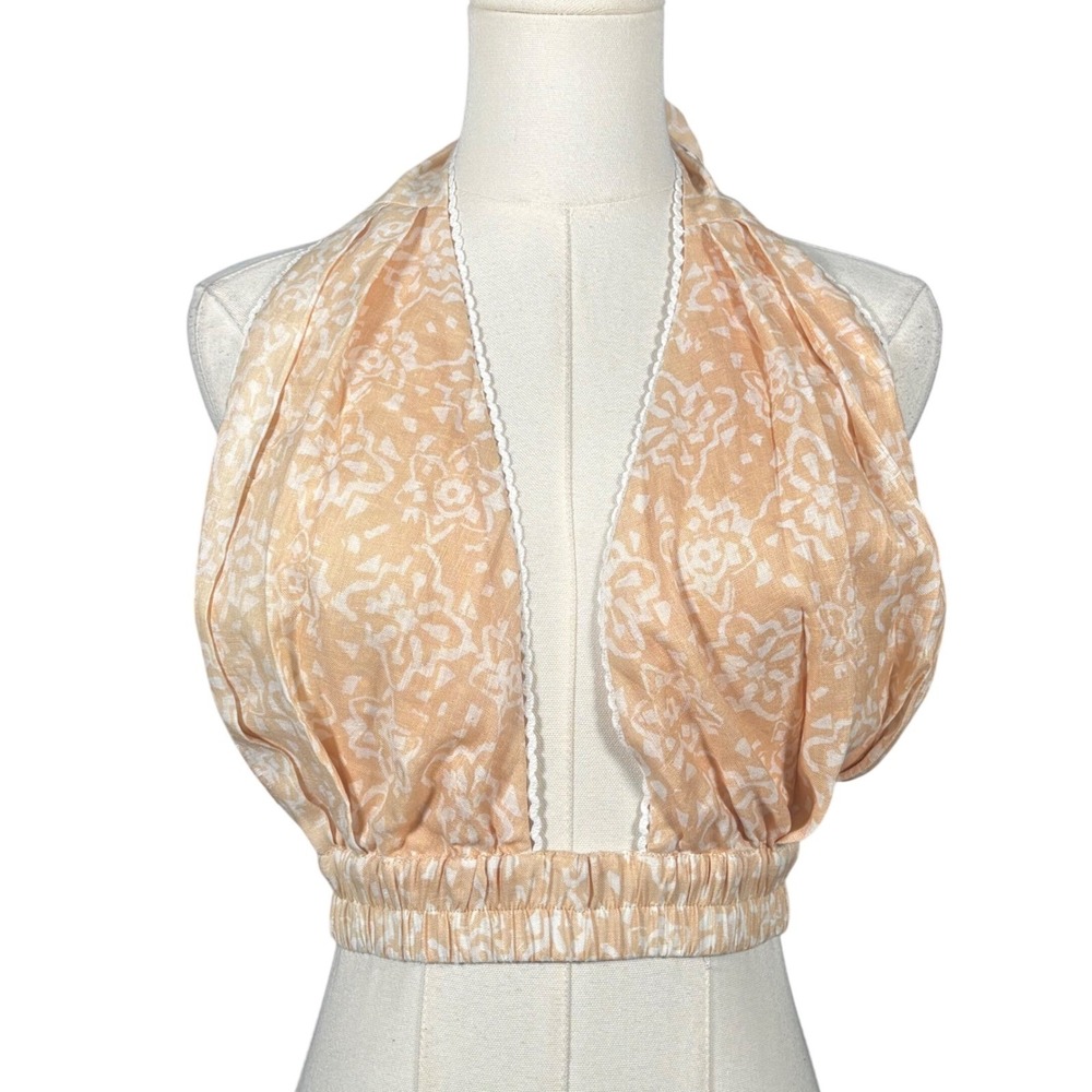 Mon Renn Havana Crop Top Apricot White Crochet Print Halter V-Neck Small
